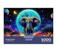 Elephant in Starlight 1000 Pieces Elephant Cosmic Moon Psychedelic Artplastic Puzzle Pieces Eco-friendly Interlocking Sustainable Kids Activity Travel 52x38cm/1000pcs
