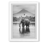 Elephant in Still Water Minimalist Framed Wall Art Print A1 (84.1×59.4cm) White, Wall Decor for Living Room, Bedroom, Office & Home, Ready to Hang, Art Gift
