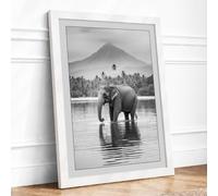 Elephant in Still Water Minimalist Framed Wall Art Print A1 White