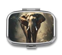 Elephant in The Forest Pill Box Elegant Metal Pill Case with 2 Compartments, Slim Portable Medicine Organizer for Purse, Pocket, Travel
