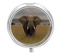 Elephant in The Grass Pill Box Cute Round Pill Case Portable Medicine Tablet Vitamin Holder Organizer for Purse Pocket