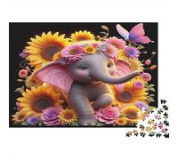 Elephant Jigsaw Puzzles 1000 Pc Recycled Paper Baby Elephant Amidst Sunflowers Butterfly Nearby Adult Jigsaws Fun And Challenging Family Game for Wall Decoration 52x38cm/1000pcs