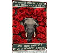 Elephant Metal Tin Sign What a Wonderful World I See Trees of Green Red Roses Too Flowers Vintage for Yard Garden Farm Wall Decor 12x8 In