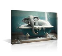 Elephant Modern Home Decor 1 Panels Elephant Taking a Bath in a Bathtub with Foam Pictures Canvas Wall Art for Bedroom, Living Room, Office. Bathroom Decor Wall Art Framed Ready to Hang (24"Wx36"H)