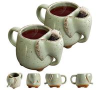 Elephant Mugs, Funny Green Elephant Ceramic Tea Mug, Handmade 3D Animal Figurine Mugs with Tea Bag Holder, Cartoon Elephants Coffee Cup, Gifts for Coffee Milk Te-a Lovers, Birthday, Christmas (2Pcs)