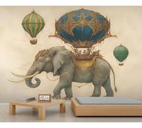 Elephant Mural, Elephant Carrying A Hot Air Balloon Wallpaper, Vintage Hot Air Balloon Accent Wallpaper Kids for Bedroom Living Room Mural Poster Decor 500 X 300 cm