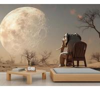 Elephant Mural Full Moon Desert Wallpaper Surrealism Wall Mural Panoramic Office Reception Studio Backdrop Custom Photo Wallpaper (Non-self-Adhesive)