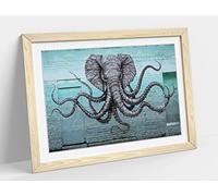 Elephant Octopus Graffiti Teal Turquoise Framed Wall Art Print Picture - A1 - Light Oak Frame