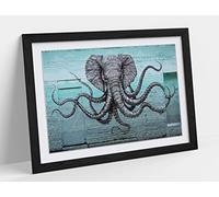 Elephant Octopus Graffiti Teal Turquoise Framed Wall Art Print Picture - A2 - Black Frame