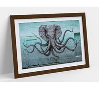 Elephant Octopus Graffiti Teal Turquoise Framed Wall Art Print Picture - A3 - Walnut Frame