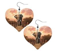 elephant on a bridge Leather Earrings for Women Heart Dangle Earrings Lightweight Drop Earring Jewelry Gift
