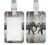 Elephant on Wood Id Badge Holder,Name Tag Holder with Detachable Lanyard,Waterproof Design Id Card Holder for Office, Workplace