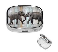 Elephant on Wood Pill Box 2 Compartment Square Portable Pill Case for Pocket or Purse Pill Holder Weekly Pill Organizer Decorative Metal Medicine Vitamin Organizer Travel Gift