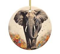 Elephant Painting Christmas Ceramic Round Ornament - Double Sided Print Xmas Tree Hanging Decoration With Gold String