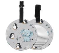 Elephant Penguin Round Luggage Tag 4PCS Animal PU Leather Travel Bag Tag ID Labels Name Card Holder wtih Buckle for Luggage Suitcase Backpacks