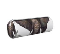 Elephant Print Printed Cylindrical Leather Pencil Case for Girls Boys, Silver Zipper Pencil Bag Pen Pouch Organizer for Student School Office College