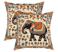 Elephant Print Throw Pillow Covers Set of 2, Orange and Black Floral Decorative Cushion Cases, Vintage Indian Style Home Decor for Sofa Bed Couch 18x18 Inch