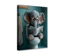 Elephant Read Newspaper Posters Prints 1P Animals Wearing Glasses Sit on Toilet Canvas Wall Art Cute Modern Pictures Artwork for Living Room Bedroom Home Decor Framed Gallery-Wrapped Ready to Hang