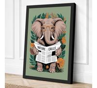 Elephant Reads Nature Vintage Canvas Wall Art Print 18x12 Inch | Ready to Hang, Gallery Wrapped, Fade-Resistant Inks, Securely Packaged, UK Made
