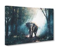 Elephant Roaming in a Green Forest Canvas Print | Gallery Wrapped 30mm Frame Wall Art | 30x20 inches | Ready to Hang | Abstract Animals Picture | Living Room Bedroom Lounge Office