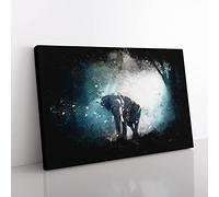 Elephant Roaming In A Green Forest Paint Splash Modern Art Canvas Wall Art Print Ready to Hang, Framed Picture for Living Room Bedroom Home Office Décor, 60x40 cm (24x16 Inch)