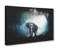 Elephant Roaming In A Green Forest Paint Splash Modern Art Canvas Wall Art Print Ready to Hang, Framed Picture for Living Room Bedroom Home Office Décor, 20x14 Inch (50x35 cm)