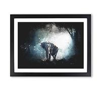 Elephant Roaming In A Green Forest Paint Splash Modern Art Framed Wall Art Print, Ready to Hang Picture for Living Room Bedroom Home Office Décor, Black A2 (64 x 46 cm)