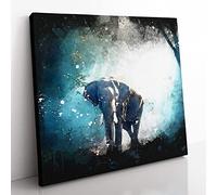 Elephant Roaming in a Green Forest Paint Splash Modern Canvas Wall Art Print Ready to Hang, Framed Picture for Living Room Bedroom Home Office Décor, 50x50 cm (20x20 Inch)