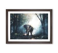Elephant Roaming in a Green Forest Painting Framed Print | A2 Walnut Framed Wall Art | Ready to Hang | Modern Animal Picture | Living Room Bedroom Lounge Office