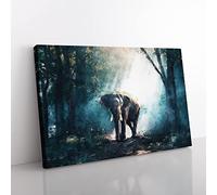 Elephant Roaming In A Green Forest Painting Modern Art Canvas Wall Art Print Ready to Hang, Framed Picture for Living Room Bedroom Home Office Décor, 60x40 cm (24x16 Inch)