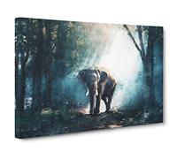Elephant Roaming In A Green Forest Painting Modern Art Canvas Wall Art Print Ready to Hang, Framed Picture for Living Room Bedroom Home Office Décor, 24x16 Inch (60x40 cm)