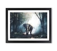 Elephant Roaming In A Green Forest Painting Modern Art Framed Print | A2 Black Framed Wall Art | Ready to Hang | Modern Animal Picture | Living Room Bedroom Lounge Office