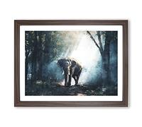 Elephant Roaming In A Green Forest Painting Modern Art Framed Wall Art Print, Ready to Hang Picture for Living Room Bedroom Home Office Décor, Walnut A4 (34 x 25 cm)