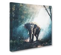 Elephant Roaming in a Green Forest Painting Modern Canvas Wall Art Print Ready to Hang, Framed Picture for Living Room Bedroom Home Office Décor, 20x20 Inch (50x50 cm)