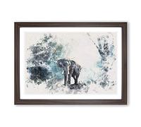 Elephant Roaming in a Green Forest Watercolour Framed Print | A2 Walnut Framed Wall Art | Ready to Hang | Modern Animal Picture | Living Room Bedroom Lounge Office
