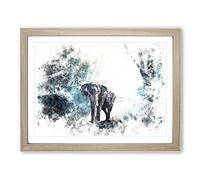 Elephant Roaming In A Green Forest Watercolour Modern Framed Print | A3 Oak Framed Wall Art | Ready to Hang | Modern Animal Picture | Living Room Bedroom Lounge Office