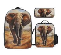 Elephant Running On The Grassland African Animal 3 Pieces Set Laptop Backpack Travel Daypack with Lunch Box Pencil Case for Men Women