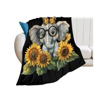 Elephant Sunflower Fleece Throw Blanket for Women Men Lightweight Bed Blanket for Couch Home Decor