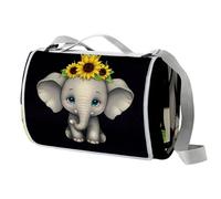 Elephant Sunflower Picnic Blanket Waterproof Beach Rug 150×145cm Picnic Mat Washable Lightweight with Handle for Hiking Travelling Outdoor Camping, Parks