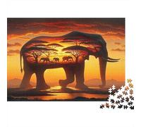 Elephant Sunset Landscape 100% Recycled Cardboard Sunset Elephant Silhouette 1000 Piece Puzzle for Adults The Impossible Challenge Fun Present 52x38cm/1000pcs