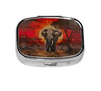 Elephant Sunset Print Square Metal Pill Box Decorative Pill Case - Carry Your Meds in Style (Rectangular)