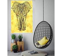 Elephant Tapestry Yellow Wall Hanging Tapestry Indian Cotton Handmade Tie Dye Poster Sheet 102x76 cm Wall Covering Home Decor Boho Wall Art Hippie Bedroom Décor (Yellow, Large Indian Elephant)