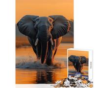 Elephant Wading through Water at Sunset Jigsaw Puzzles 1000 Pieces for Adults Peaceful Calm Stress Relief Mindful Peaceful Leisure Game (38X26cm)