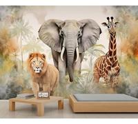 Elephant Wallpaper African Wildlife Lion Giraffe Wallpaper Bedroom Colorful Natural Landscape Wall Murals for Living Room Tropical Botanical Tree Decorative Wall Paper Room Mural Poster 100X70cm