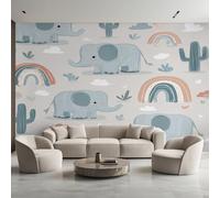 Elephant Wallpaper for Living Room, Cartoon Rainbow Cactus Wall Mural for Bedroom 130x80 cm, Non-Woven Photo Wallpaper, Home Decor D&O66