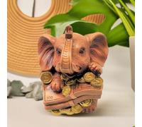 Elephant Wealth Figurine 16x13cm - Feng Shui Money Lucky Charm - Home & Office Prosperity Decoration - Wooden Effect Elephant with Gold Coins & Banknotes - Fortune & Success Ornament