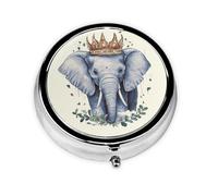 Elephant Wearing a Crown Pill Box Metal Round Small Pill Case Cute 3 Compartment Pill Organizer Portable Travel Pillbox Mini Pill Container Holder for Daily Medicine Supplement Vitamin
