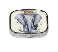 Elephant Wearing a Crown Print Pill Box Square Pill Case 2 Compartment Small Metal Medicine Organizer Portable Travel Pillbox for Pocket Purse Cute Mini Pill Container to Hold Daily Vitamins
