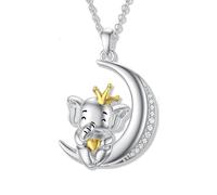 Elephant with Crown on Crescent Moon Pendant Necklace for Women 925 Sterling Silver Heart shaped Necklaces Animal Jewellery for Birthday Gift