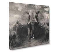 Elephant With Lions Canvas Print | Gallery Wrapped 30mm Frame Wall Art | 20x20 inches | Ready to Hang | Modern Animals Picture | Living Room Bedroom Lounge Office